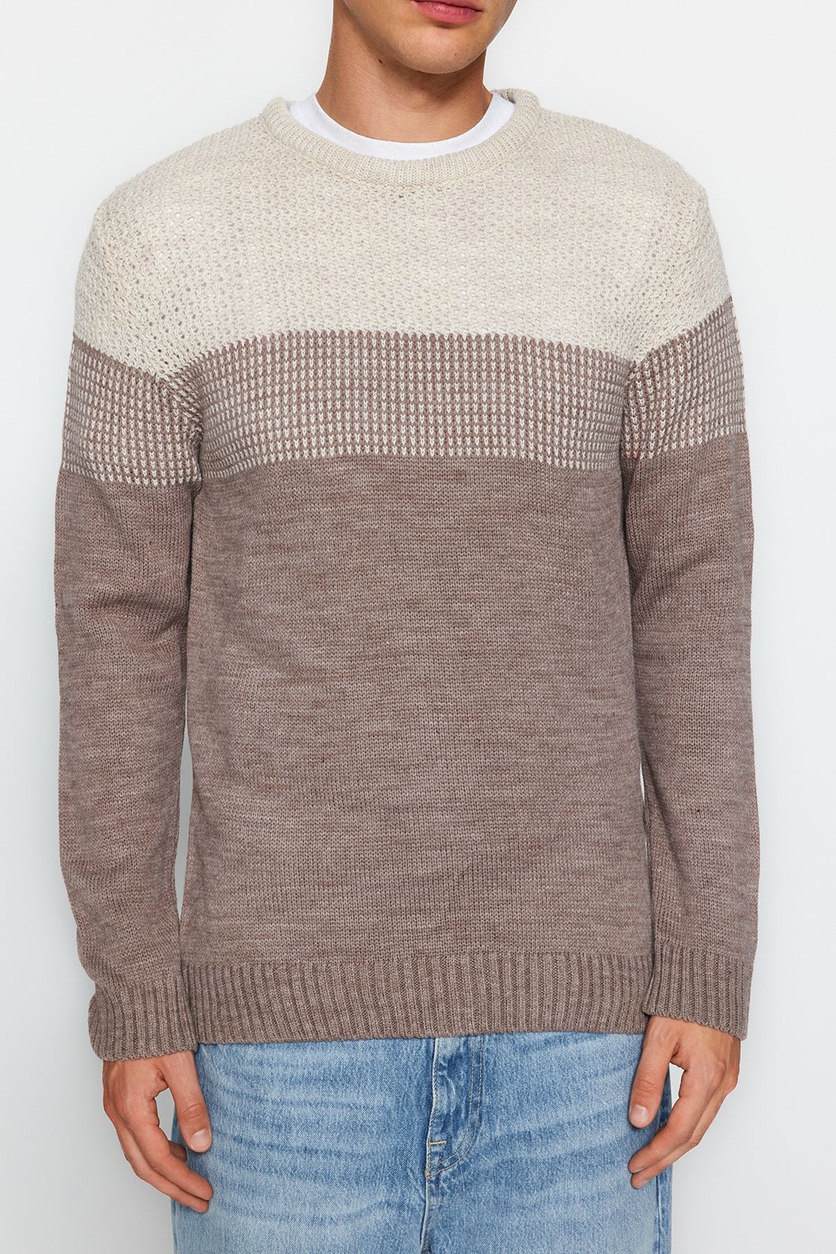 Trendyol Collection-Beige Crew Neck Slim Fit Blocked Sweater - Tmnaw21Kz0543 4