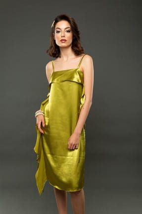 Kadın Bellini Zeytin Yeşili Volanli Saten Elbise 1025