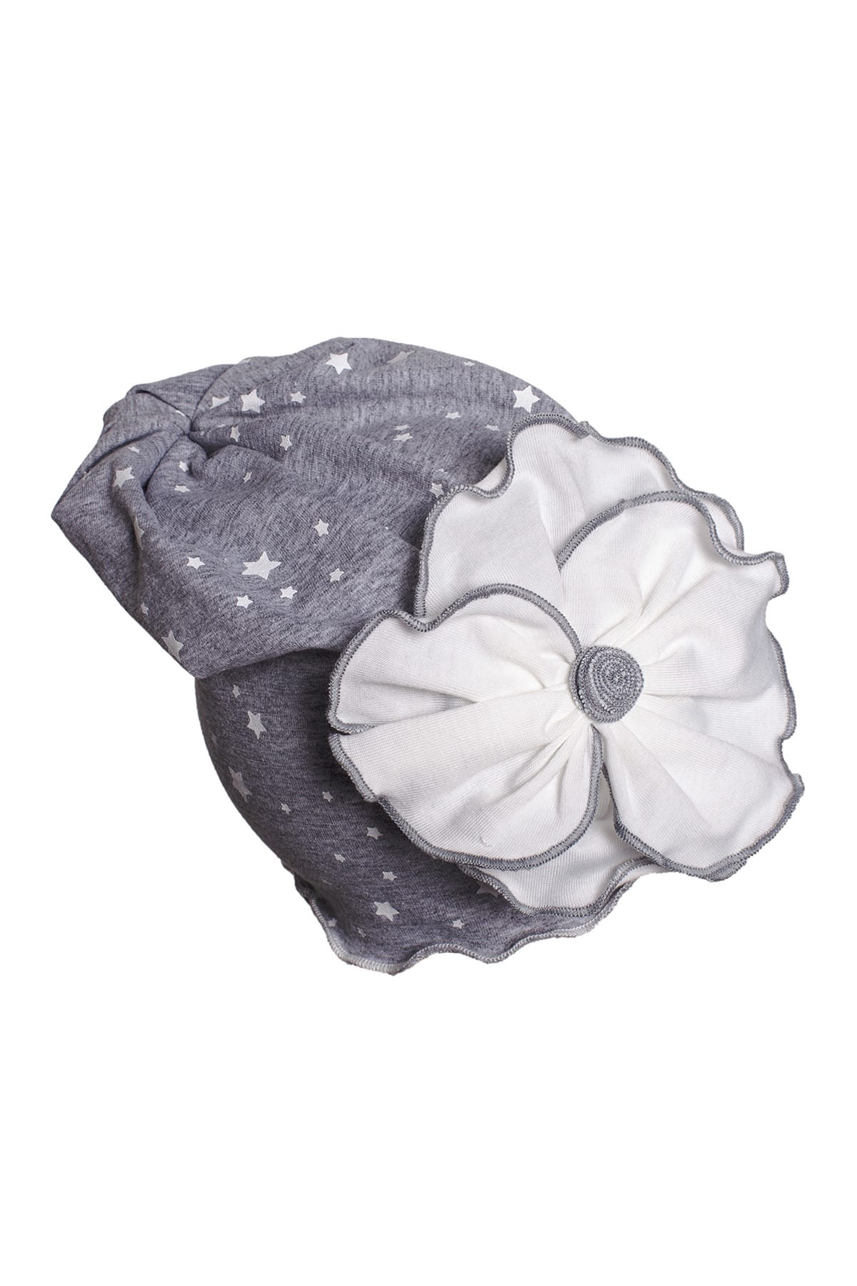 Combed Cotton Beanie with White Star Print and White Flower Detail on Gray