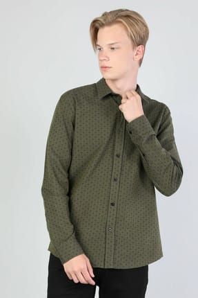 Slim Fit Shirt Neck Erkek Haki Uzun Kol Gömlek CL1044521