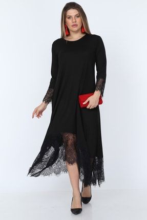 Kadın Siyah Dantel Detaylı Viskon Elbise NB00028