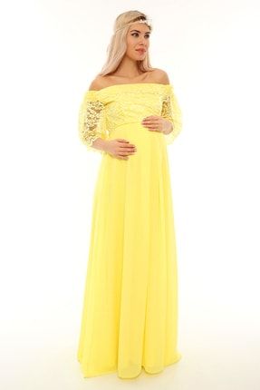 Düşük Omuz Dantel Hamile Elbisesi Sarı ML010500X