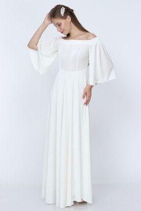 Kadın Beyaz Düşük Omuz Kadife Elbise ML020100X