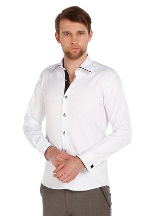 Siyah Bieli Beyaz Micro Kumaş Kol Düğmeli Slim Fit Erkek Gömlek - 216-1 216KL