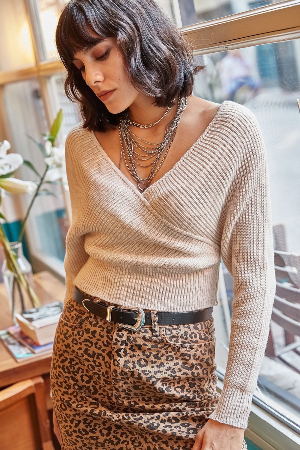 Olalook-Damen Strickpullover mit V-Ausschnitt und Knopfleiste vorne und hinten in Steinoptik KZK-19000076 3