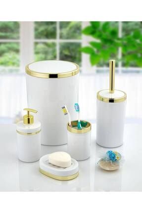 Akrilik Yapım Gold Çizgi Banyo Takımı 5'li Yuvarlak Banyo Seti Beyaz İ-28