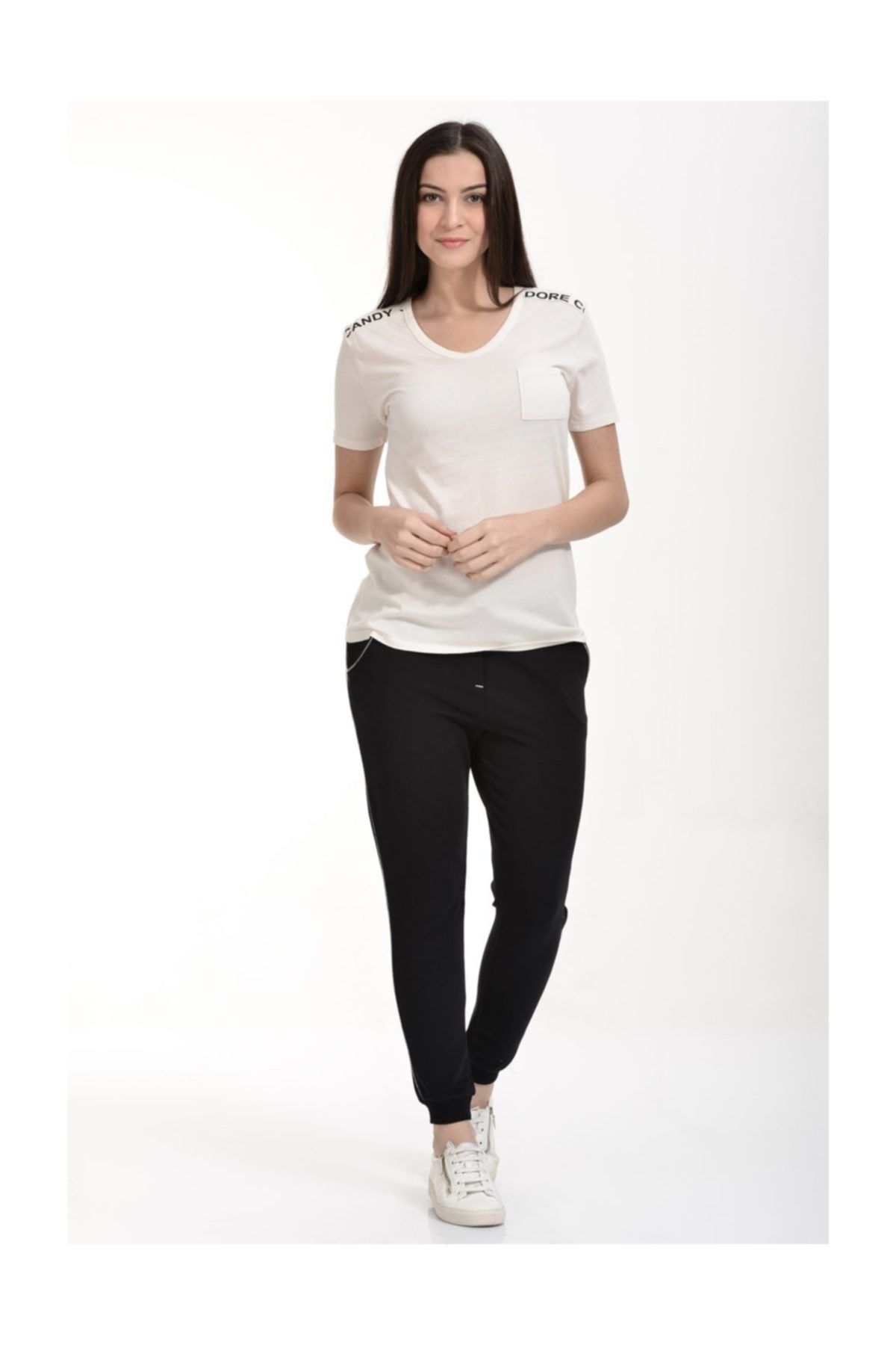 Cotton Candy-Short Sleeve T-Shirt with Text Band on the Shoulders - Ecru 3