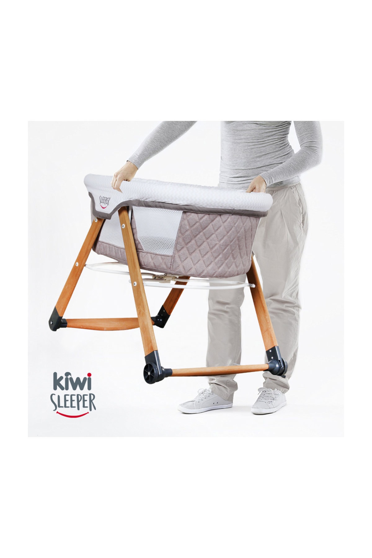 Kiwi Sleeper All İn One Naturel Ahşap Sallanabilen Tekerli Bebek Beşiği Yaprak Desenli Vizon fotoğrafı 7 (önizleme)