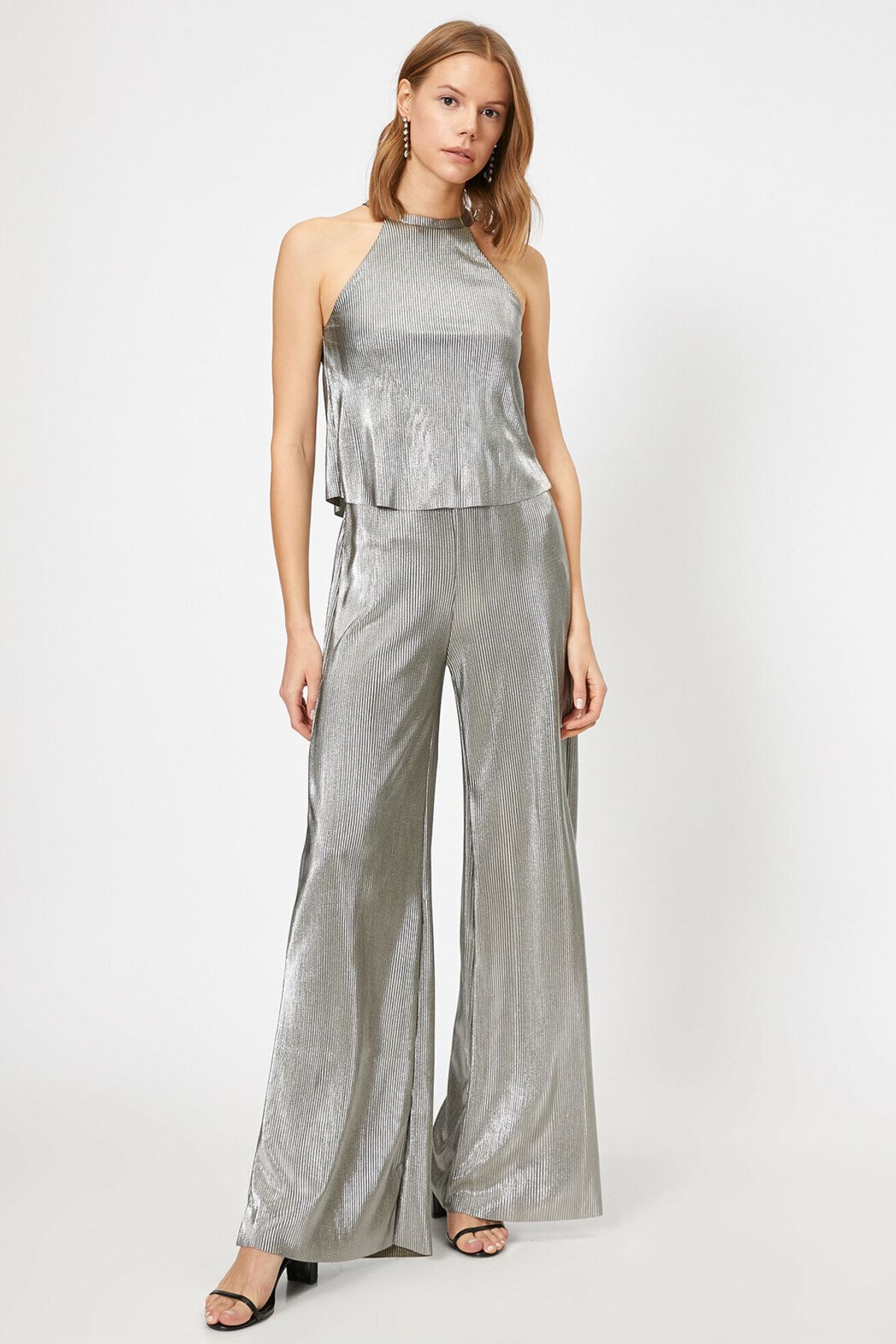 Koton Metallic Halter Neck Siphon Detailed Wide Long Leg Jumpsuit