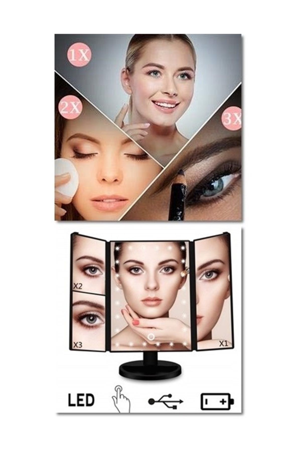 LAND OF MYTH-Magnifying Makeup Mirror with 24 LED Lights, 3 Panels, Foldable, Touch Sensor (black) 6