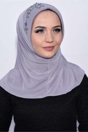 Geçirmeli Pratik Pullu Hijab Gri 109-15