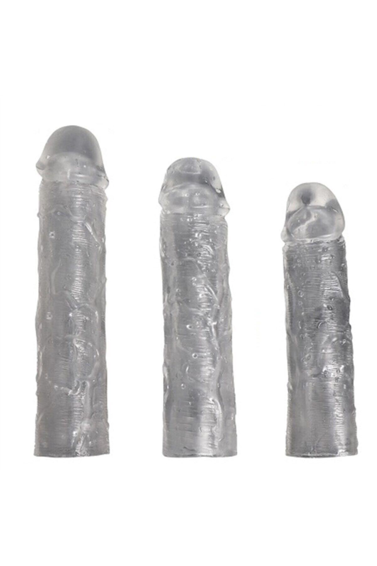 Ucu Dolgulu Uzatmalı 3'lü Şeffaf Penis Kılıfı Seti