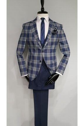 Lacivert Kareli Slim Fit Business Class Kombinli Takım Elbise 07459
