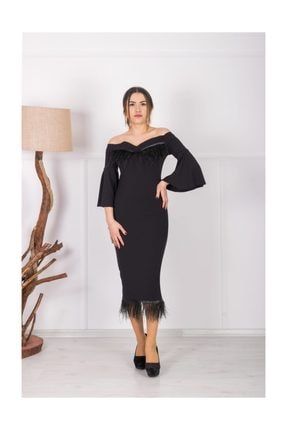 Krep Kumaş Tüy Detaylı Tasarım Elbise - Siyah GYM-0657