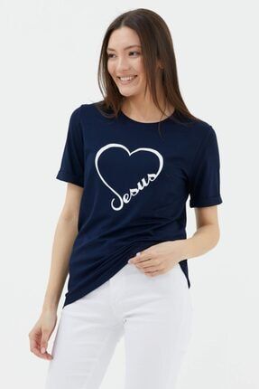 Kadın Lacivert Kısa Kol Baskılı Basic Tshirt - 21Y2231-75596.0001-R0600