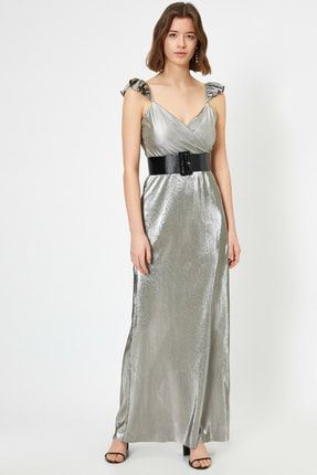 Metalik Elbise Abiye Pileli Firfir Detayli Kruvaze Uzun 0YAK84955FK
