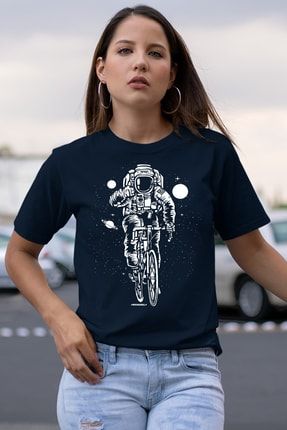 Bisikletli Astronot Lacivert Kısa Kollu Kadın T-shirt 1M1BW184AL