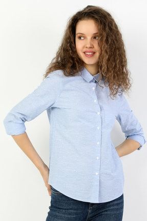 Desenli Cepli Slim Fit Kadın Mavi Uzun Kol Gömlek CL1047326