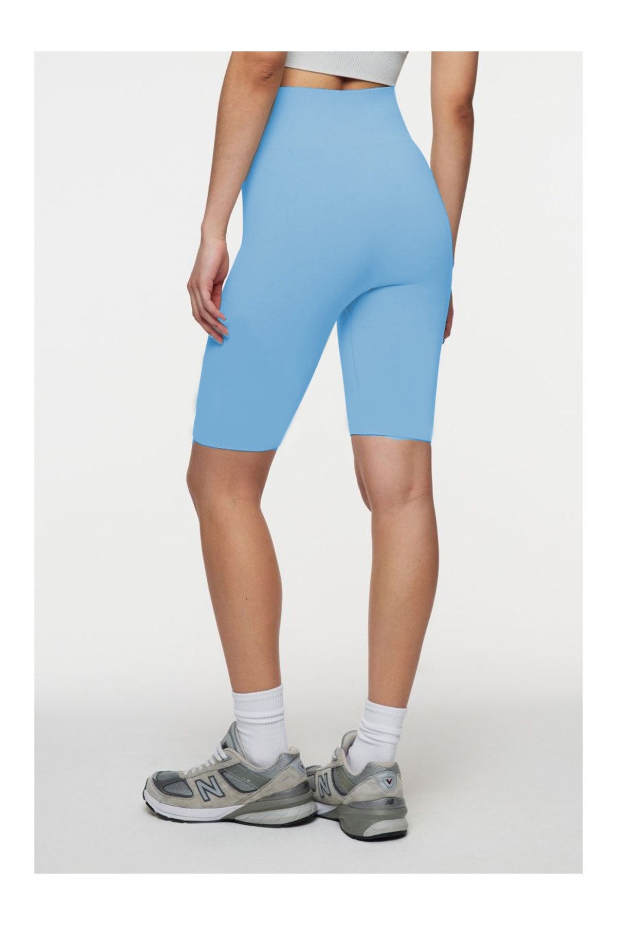 MİSTİRİK-Jerovin Model Recovery Knitted Seamless Push Up Short Shorts Ice Blue Color 4