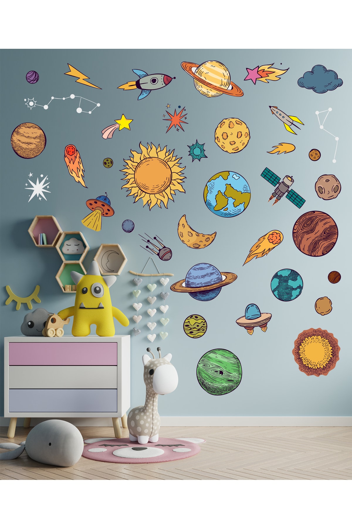 Sticker Sepetim Uzay Temalı Gezegenler, Yıldızlar, Astroit Uzay Objeleri Dekoratif Duvar Sticker fotoğrafı 2 (önizleme)