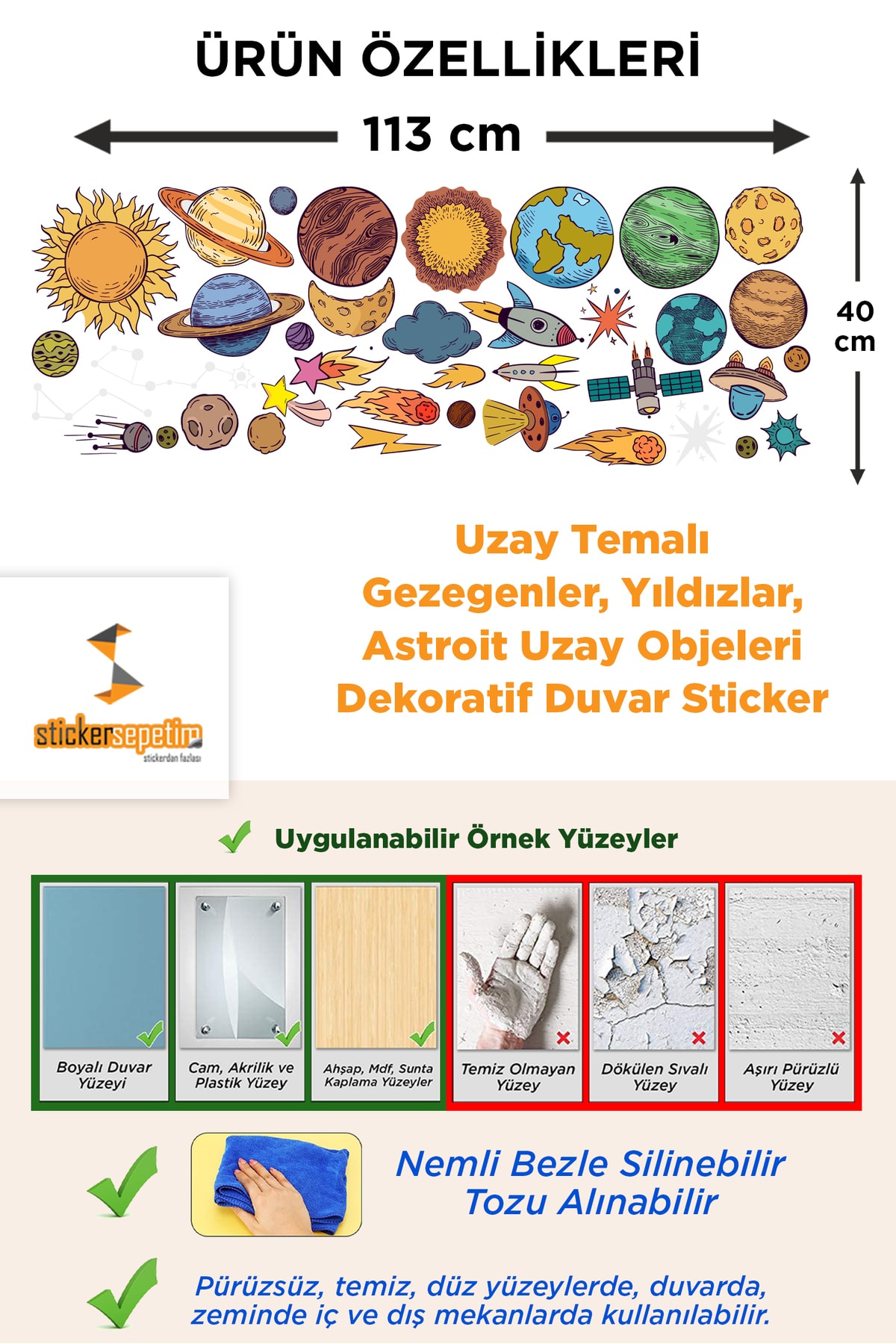 Sticker Sepetim Uzay Temalı Gezegenler, Yıldızlar, Astroit Uzay Objeleri Dekoratif Duvar Sticker fotoğrafı 4 (önizleme)