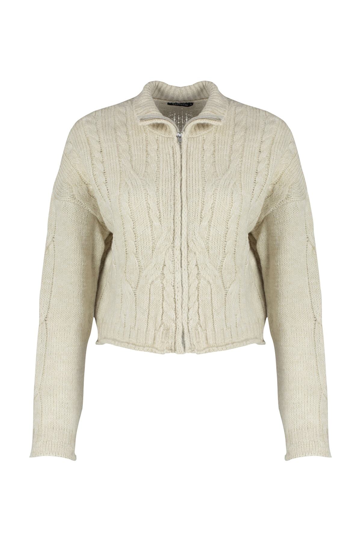 Trendyolmilla  Taş Crop Yumuşak Dokulu Fermuarlı Saç Örgülü Triko Hırka TWOAW24HI00202 - Görsel 6