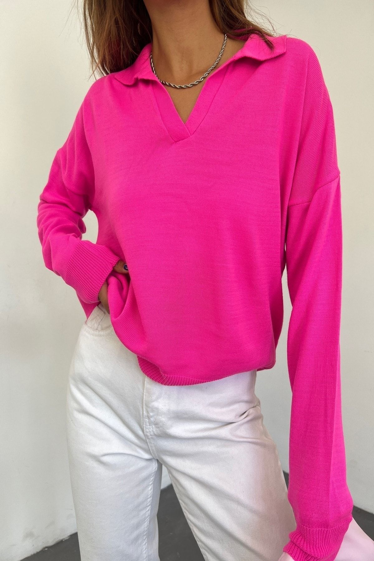 Cistern stanbul Women s Fuchsia Polo Neck Oversize Long Sleeve