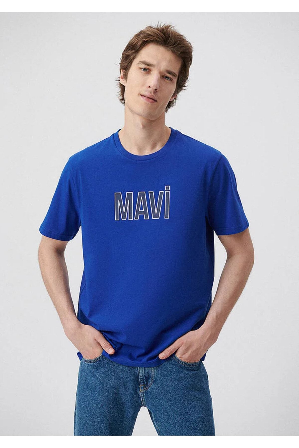 Mavi آرم چاپ شده تی شرت آبی به طور منظم / برش معمولی 066842-70896
