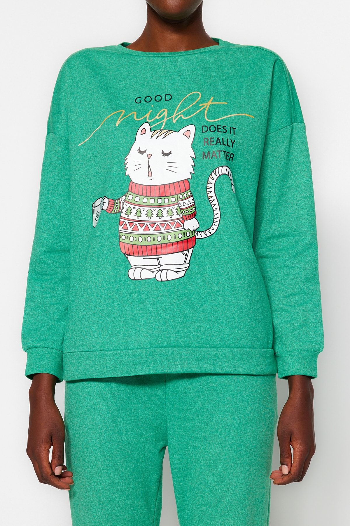 Trendyol Collection-Green Cotton Winter Themed Knitted Pajamas Set Thmaw22Pt1333 5