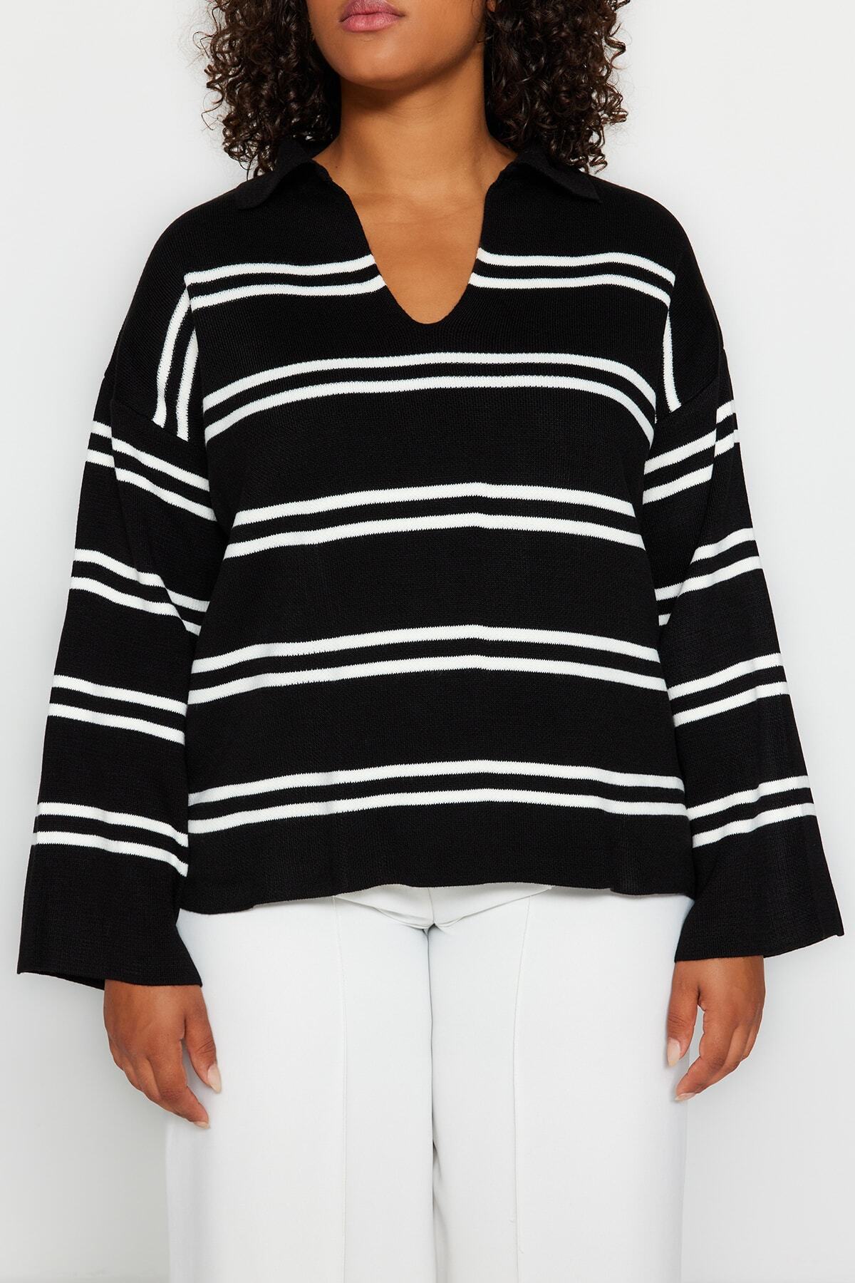 Trendyol Curve-Pulover din tricotaje cu dungi negre TBBAW24AN00013 4