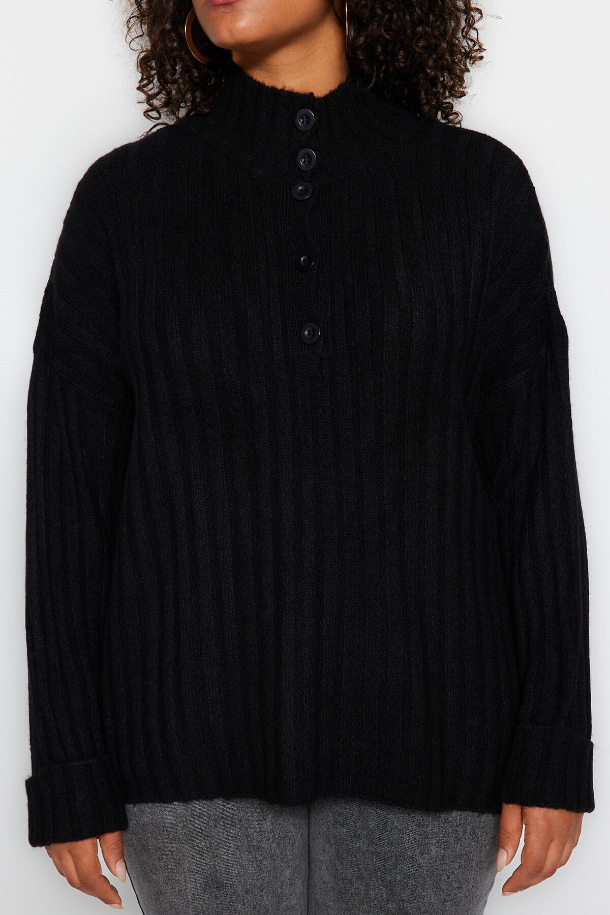 Trendyol Curve-Pulover din tricot cu nervuri - negru, cu nasturi TBBAW24AN00045 4