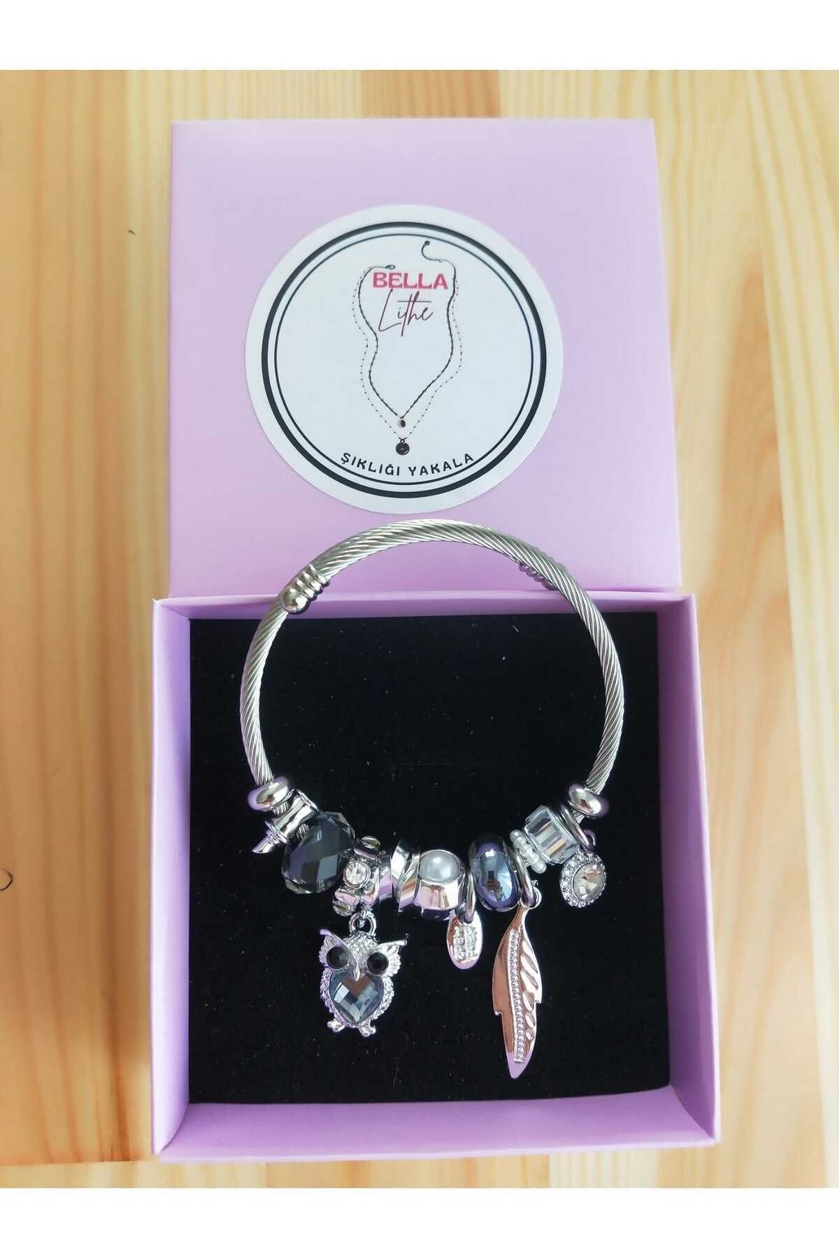 Bellalithe Black Color Stone Owl Charm Steel Bracelet Trendyol