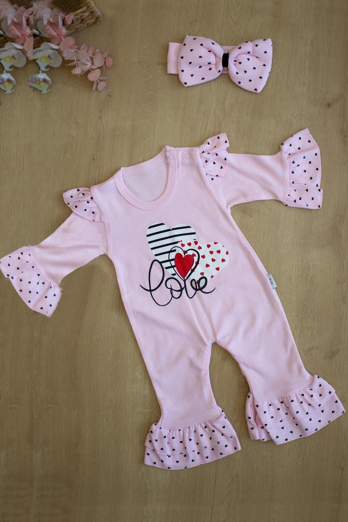 Sitilin Baby Girl Pink Love Bandana Jumpsuit Set Trendyol