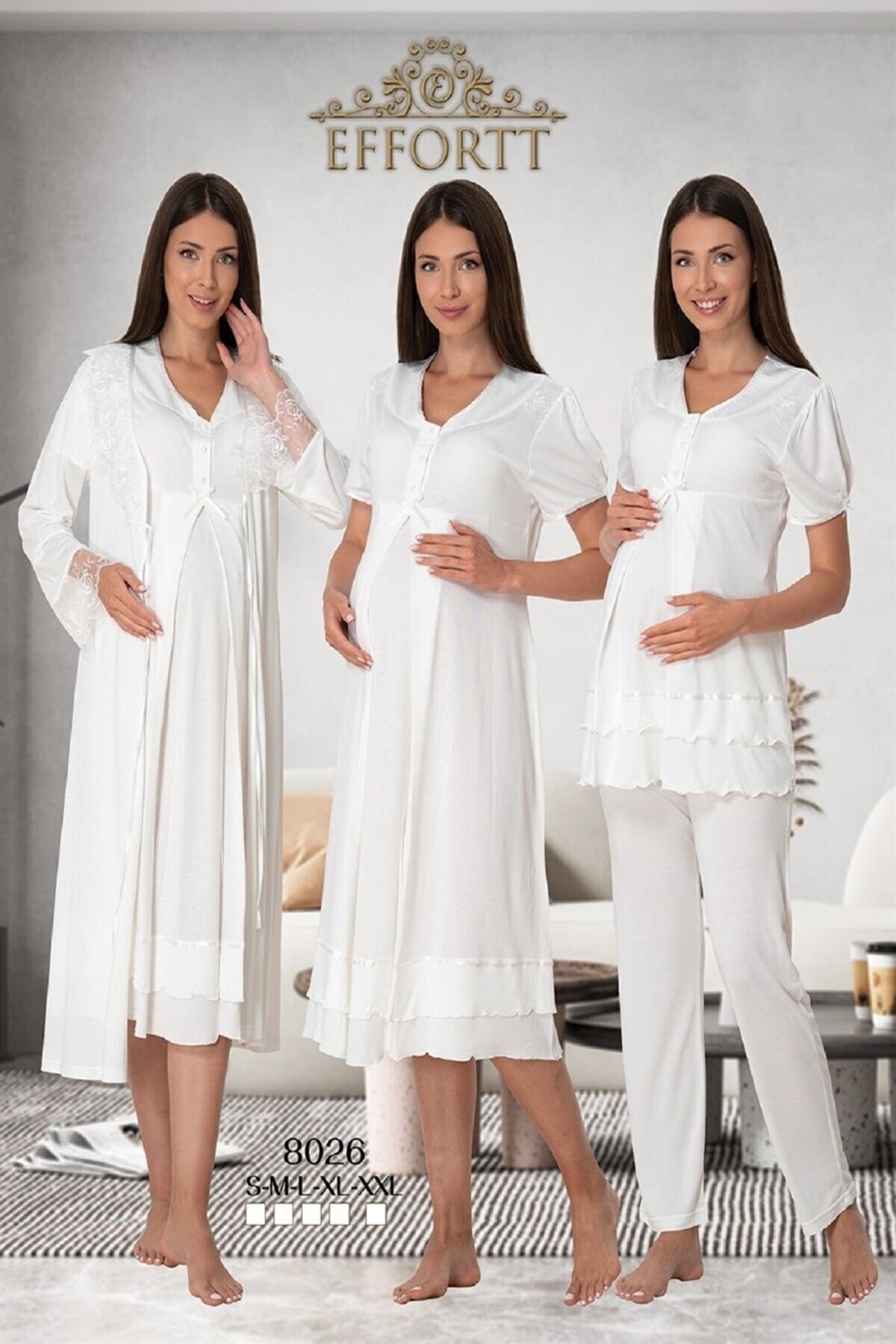 BLACKMORE Kadın Ekru Dantelli Lohusa Hamile Pijama Sabahlık ve Gecelik 4'lü Set