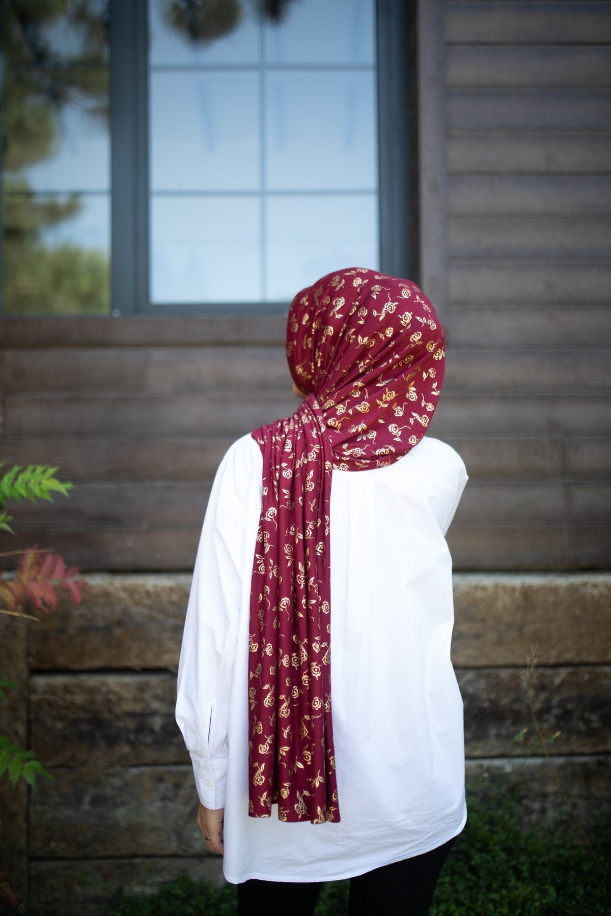 ELANS-Combed Cotton Ready Practical Shawl Gold gilded foil rose patterned BORDO 4