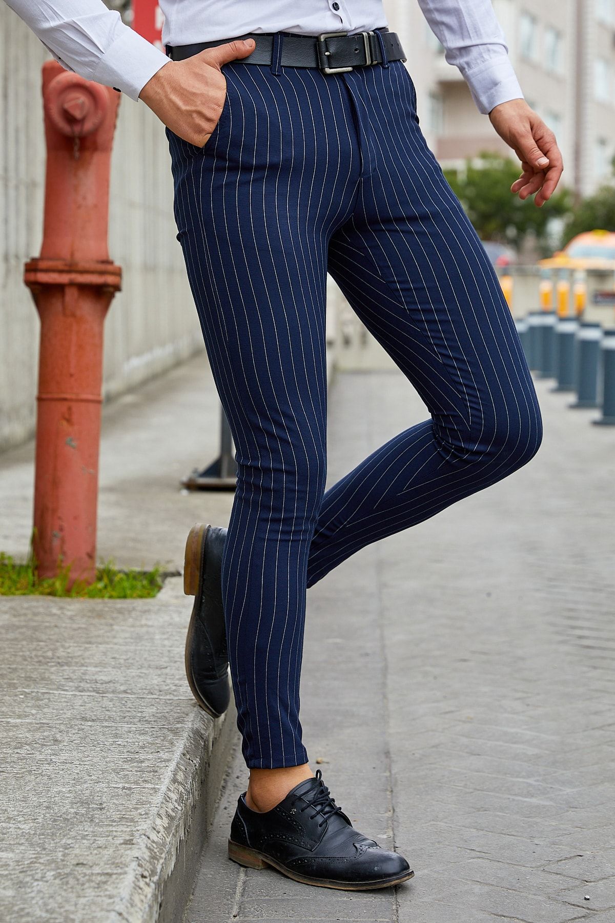 Dark Blue Slim Fit Striped Pants for Men by GentWith.com