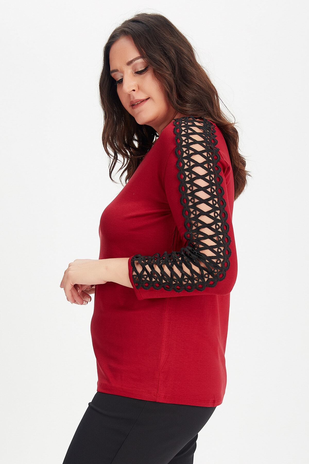 Moda Cazibe-Women's Burgundy Plus Size Top Guipure Long Sleeve Blouse 6