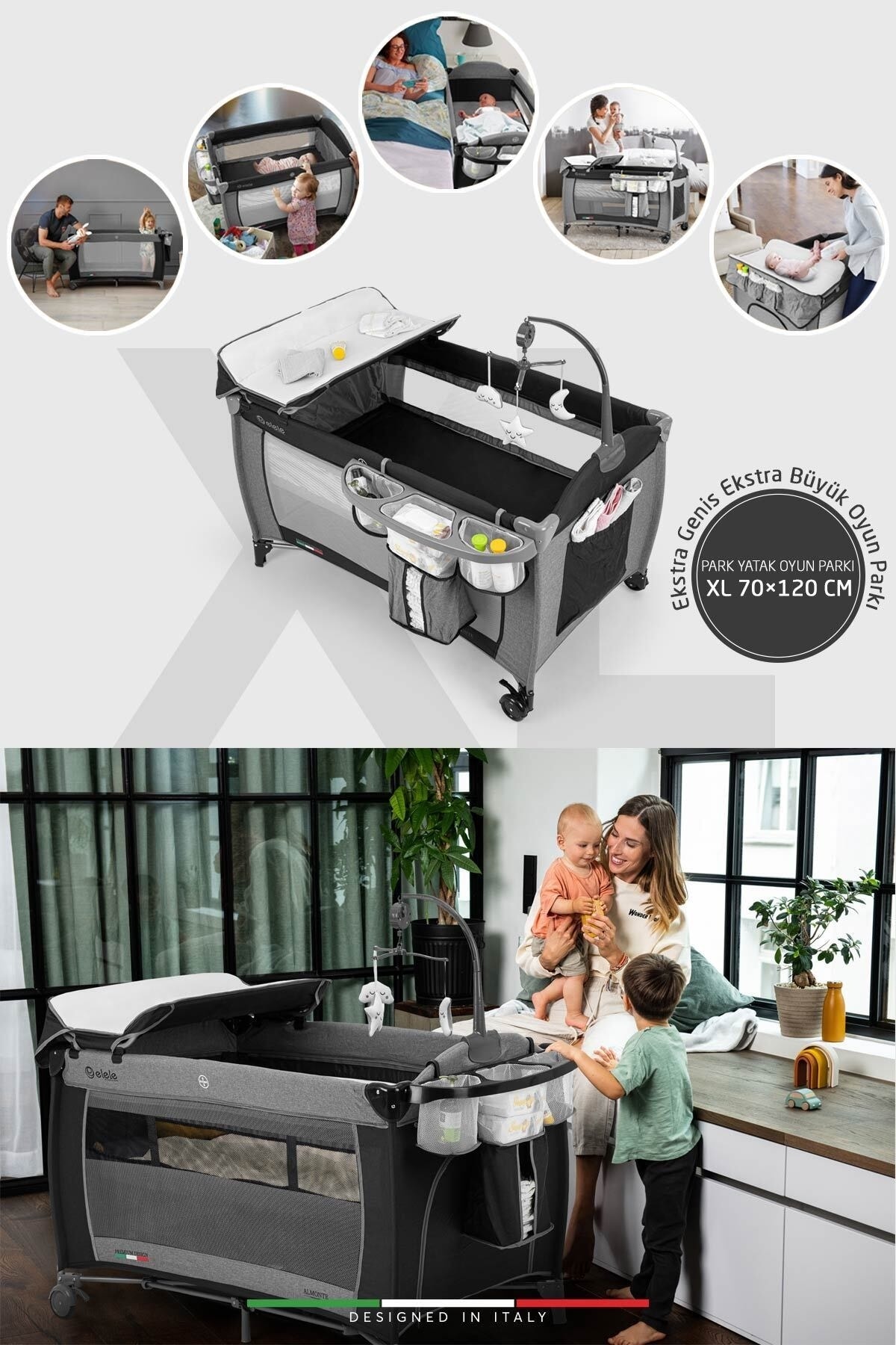 Elele Almonte Oyun Parkı Park Yatak XL 70x120 cm Siyah-Gri fotoğrafı 2 (önizleme)