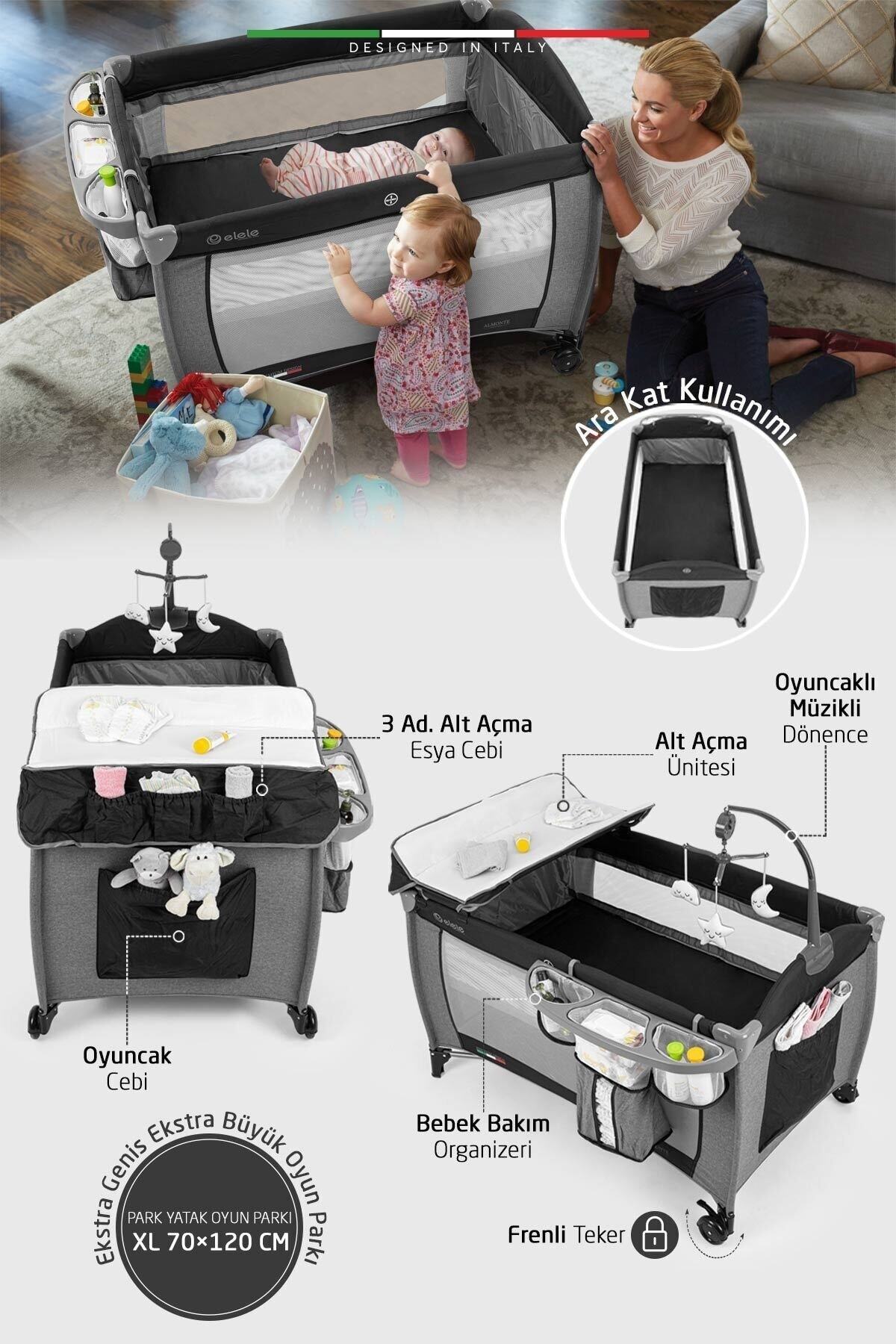 Elele Almonte Oyun Parkı Park Yatak XL 70x120 cm Siyah-Gri fotoğrafı 5 (önizleme)