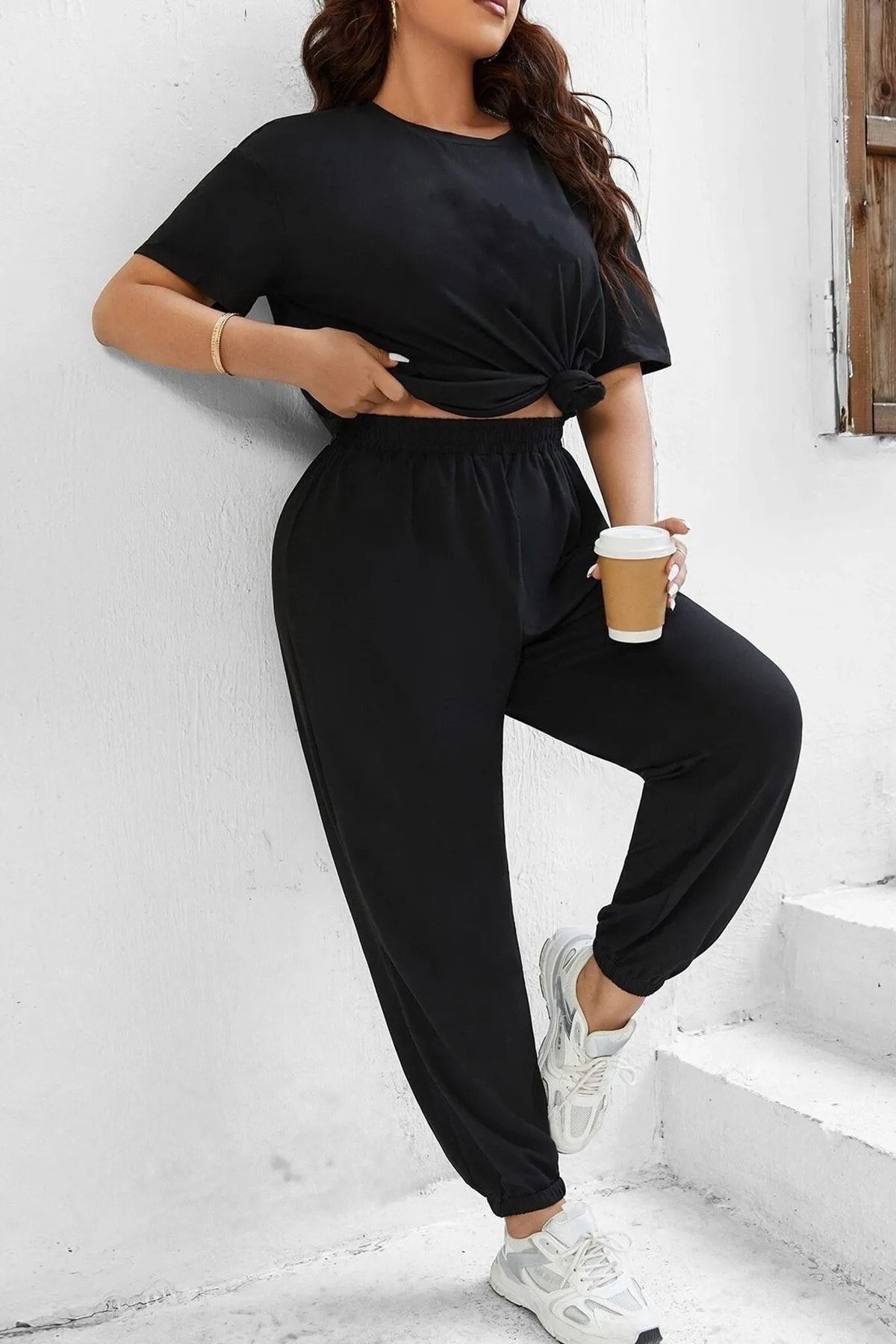 CAYA-Black Unisex Detailed Compass Print Basic Comfortable Fit Oversize Tracksuit Set 3
