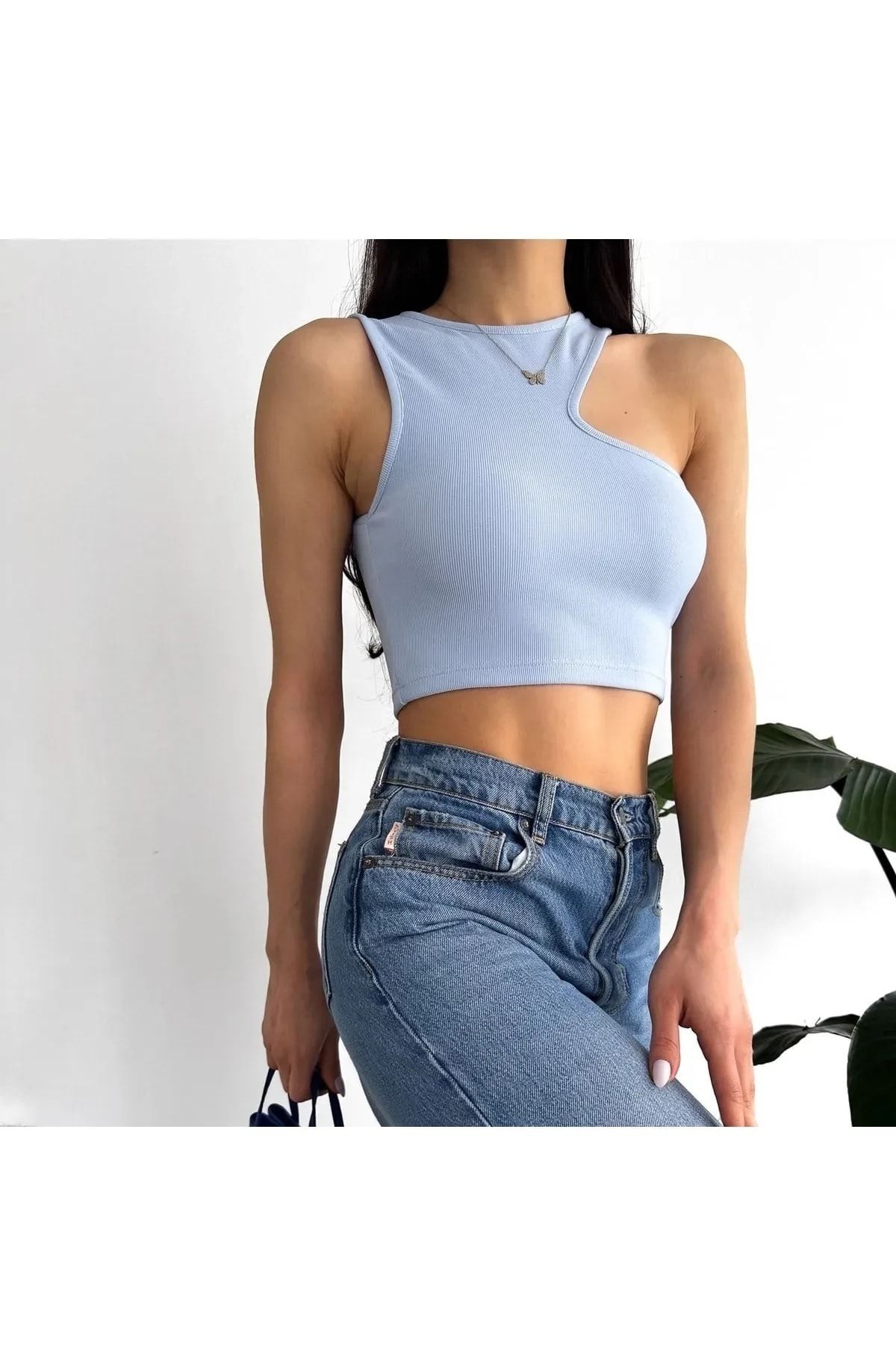 بلوز آبی زنانه 10173 Deka Yaka Crop Blue اورجینال Dilvin