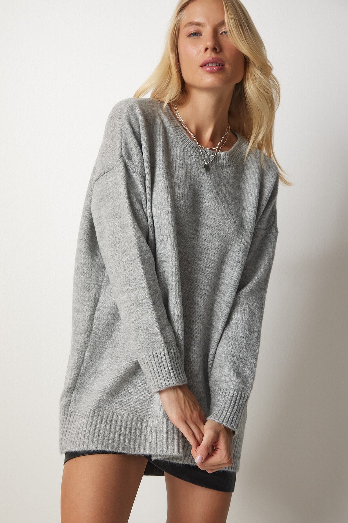 Happiness İstanbul Szary sweter damski oversize z dzianiny PN00054
