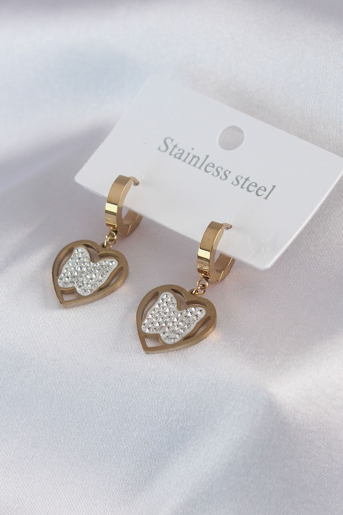 Clariss 316L Çelik Gold Renk Kelebek Model Zirkon Taş Detay Kadın Küpe