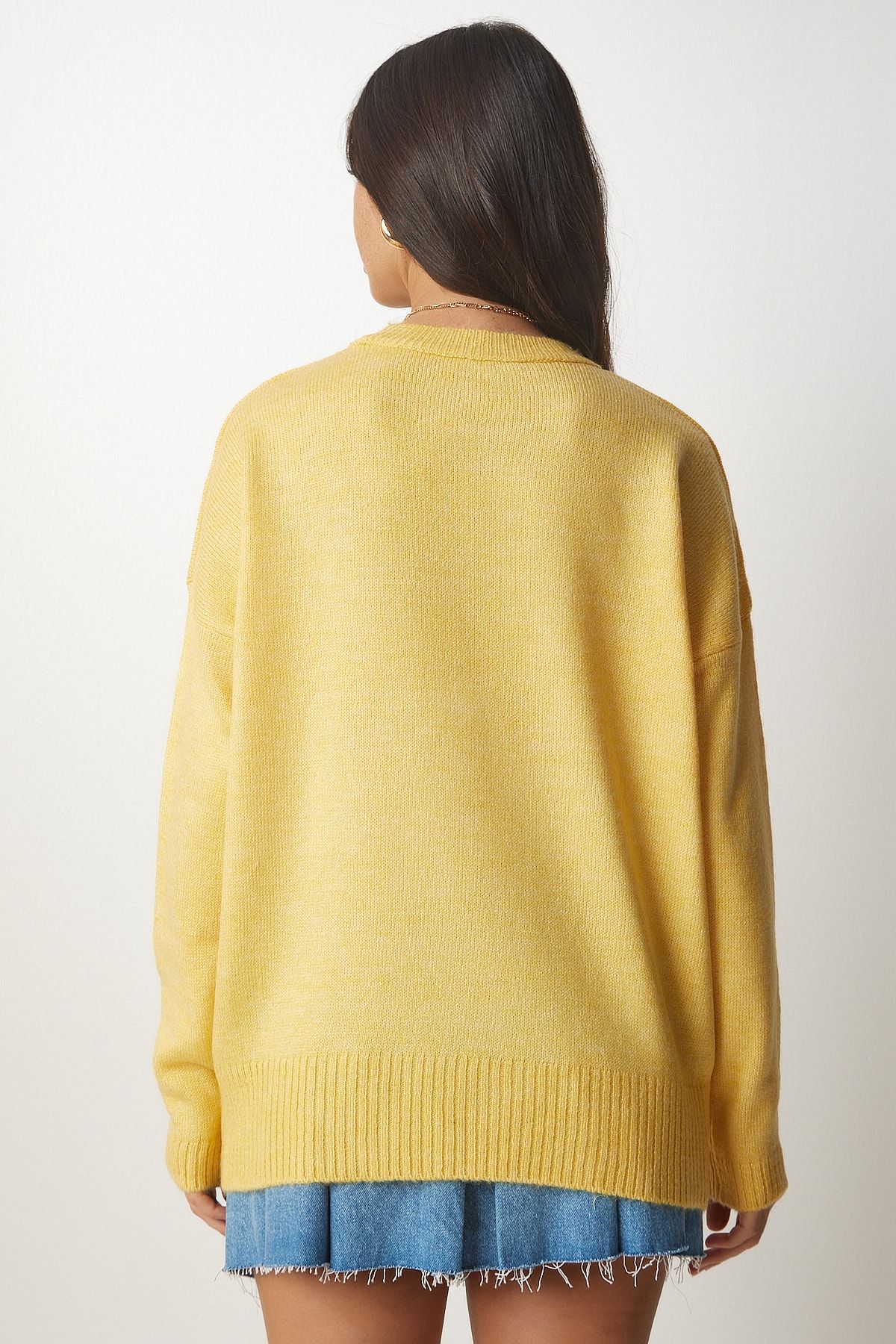 Happiness İstanbul-Women's Yellow Crew Neck Oversize Knitwear Sweater BV00085 5