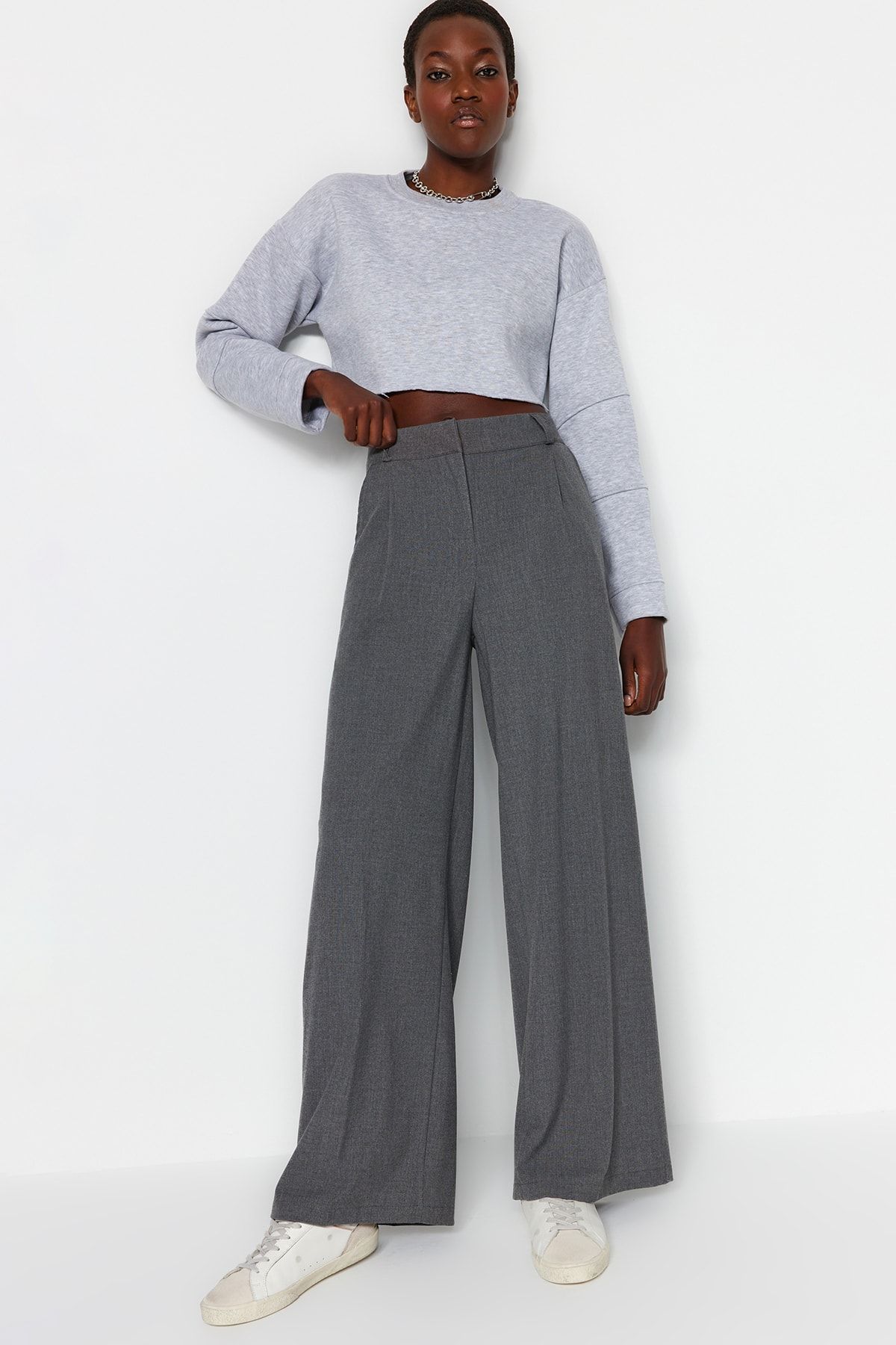 Trendyol Collection Antracit Palazzo/Extra széles szárú szőtt szövet nadrág TWOSS23PL00062 Palazzo