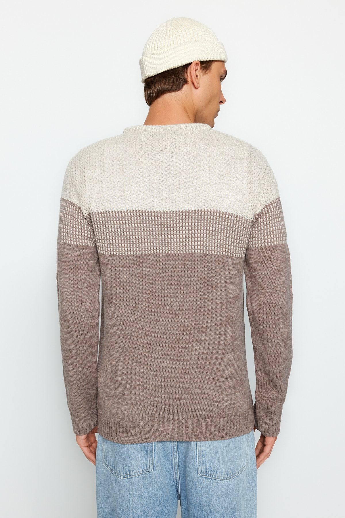 Trendyol Collection-Beige Crew Neck Slim Fit Blocked Sweater - Tmnaw21Kz0543 6