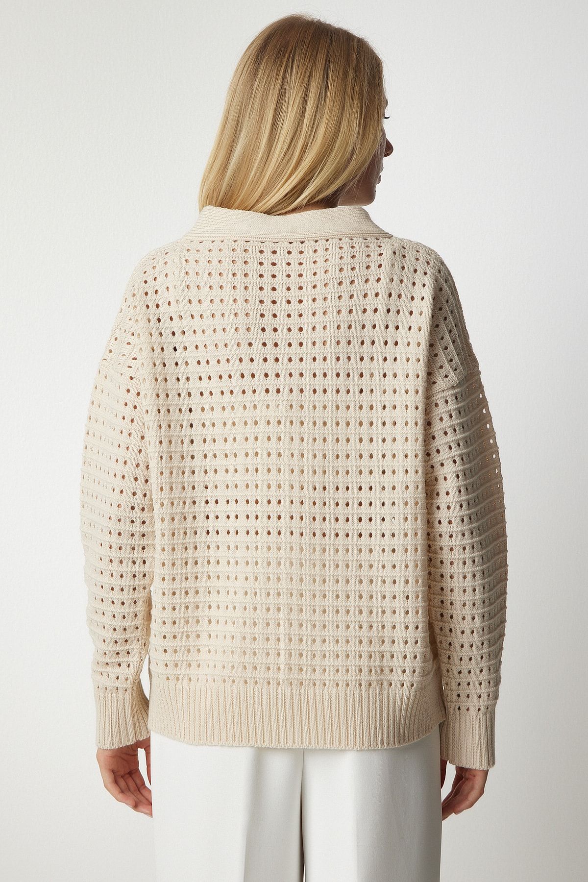 Happiness İstanbul-Cremefarbenes Damen-Sweatshirt mit Kragen, Schnürung und Rollkragen KG00003 6