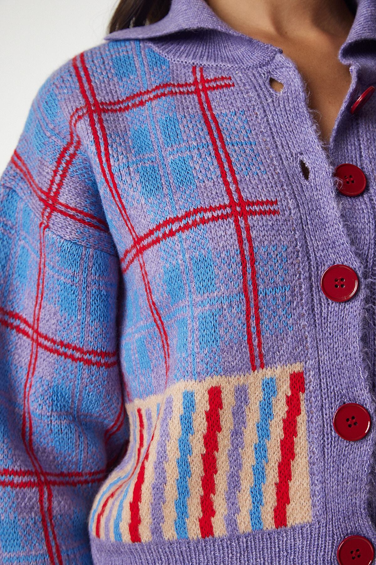 Happiness İstanbul-Lilafarbene Strickjacke mit Polokragen und Muster für Damen BV00103 4