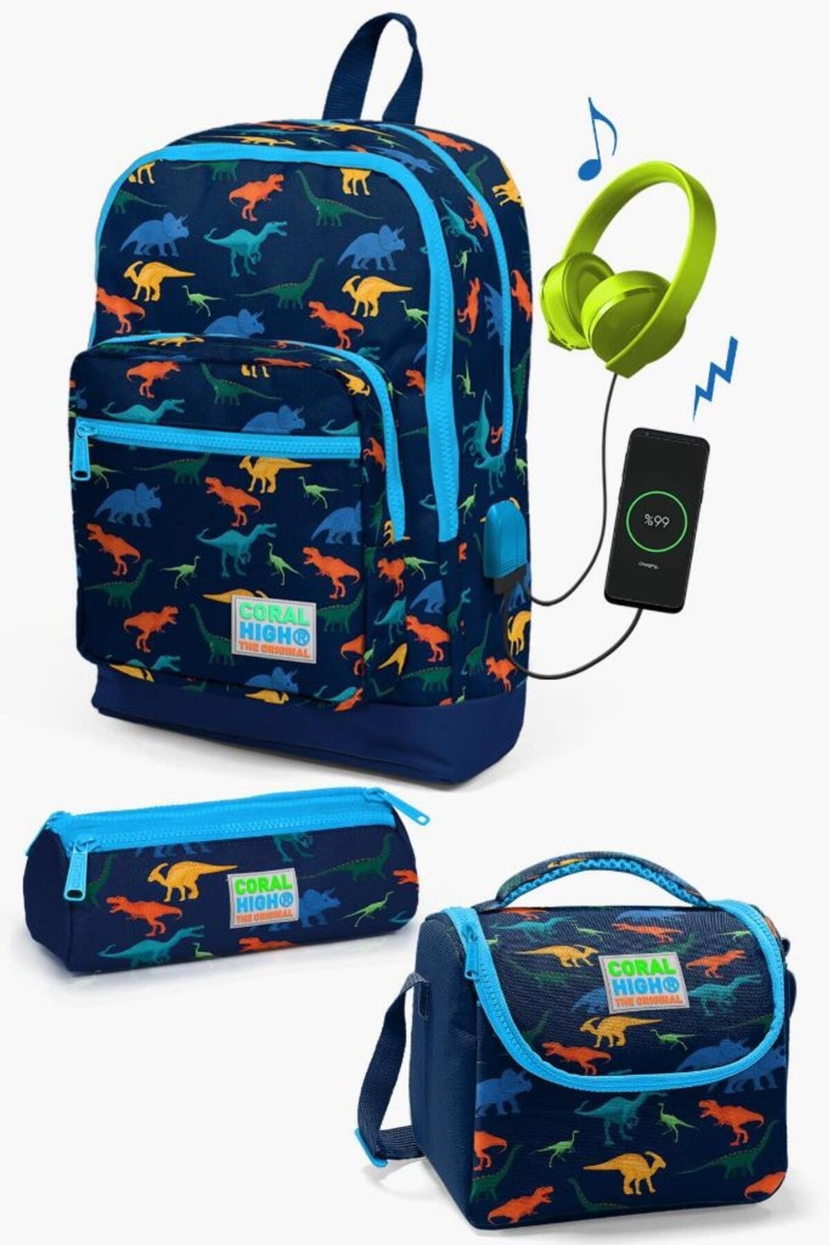 Kids 3-Piece School Bag Set with Navy Blue Dinosaur Pattern USB SET0123289