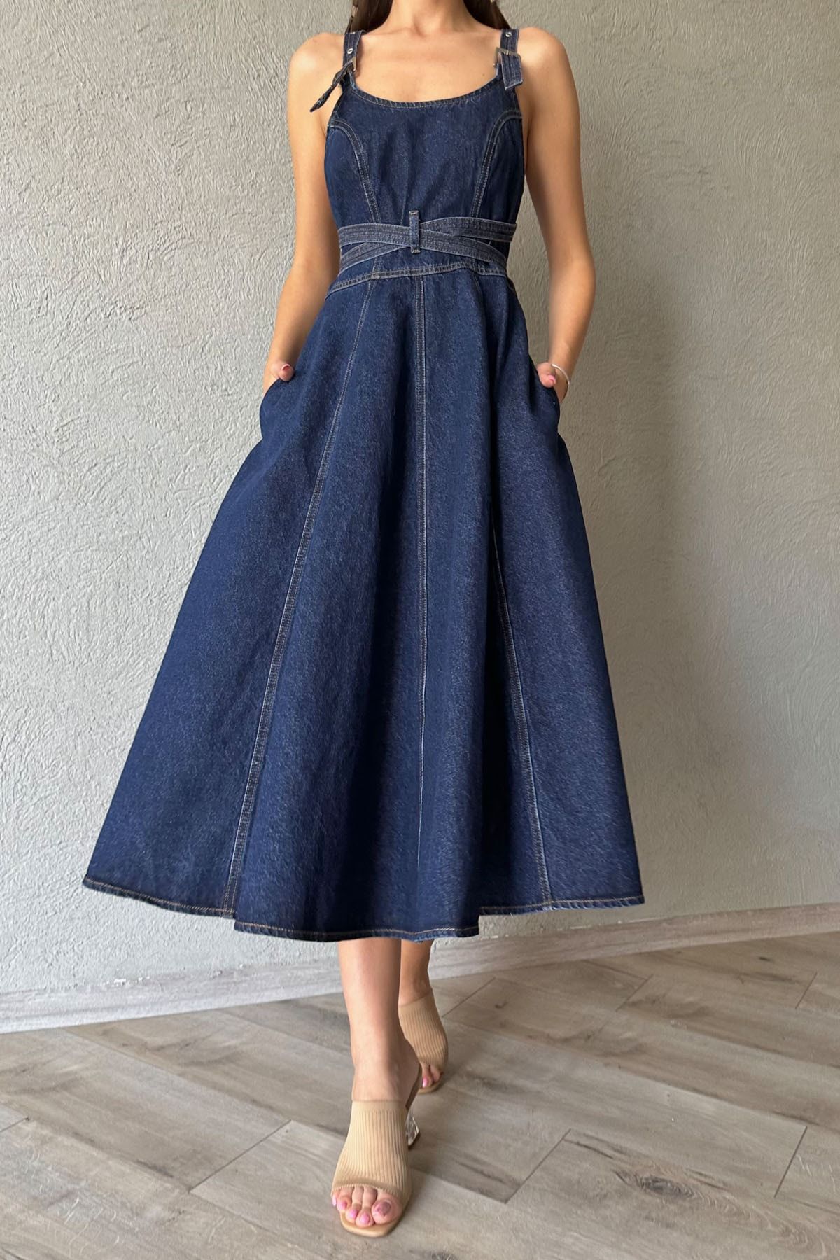 Seda Yal n Atelier Blue Design Tie Detail Denim Long Dress Trendyol